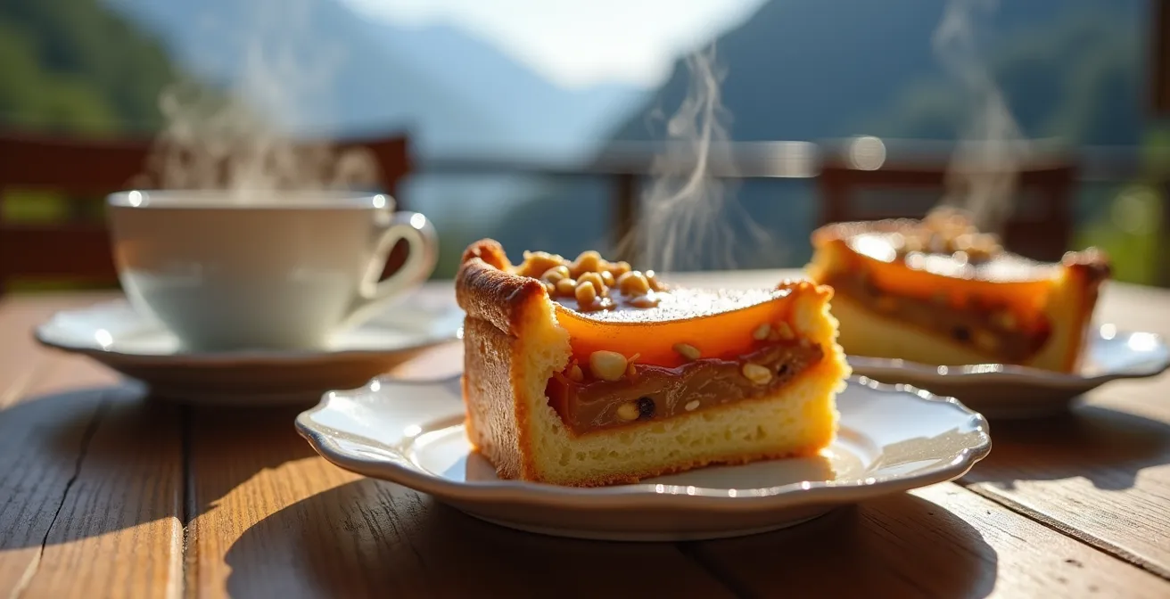 Gros plan sur une part de tarte aux noix d'Engadine avec un café, sur une table en bois avec des montagnes floues en arrière-plan