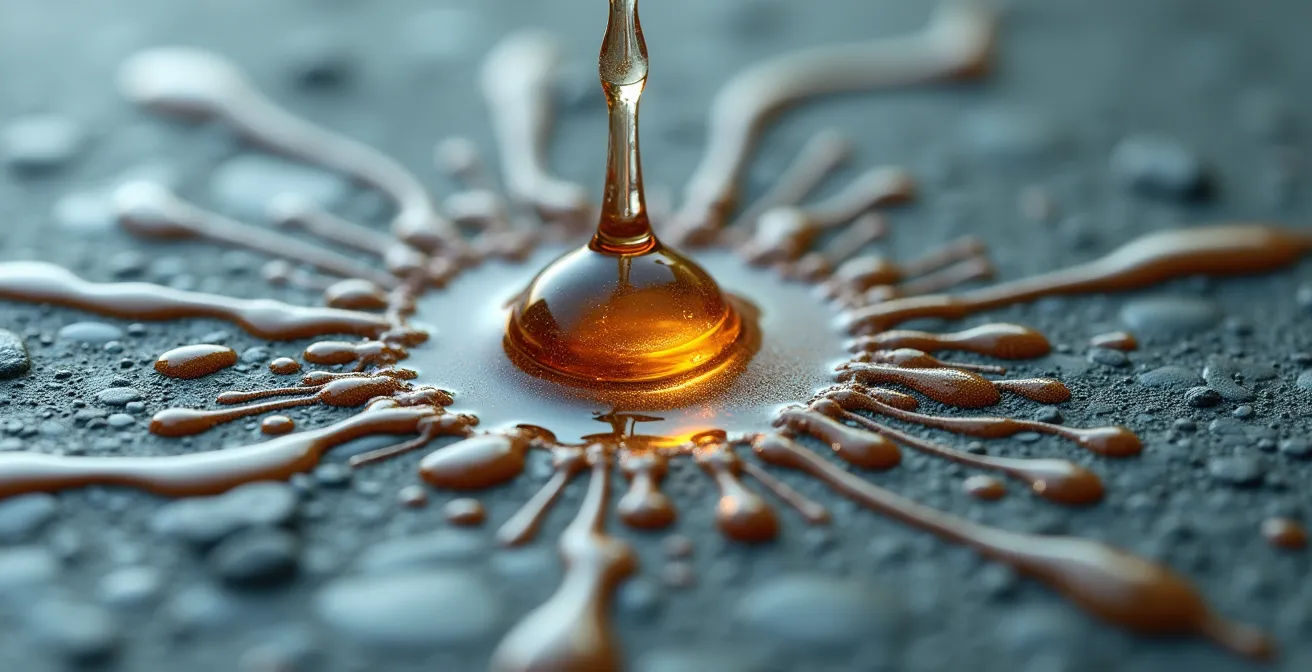 Macro détaillée montrant l'effet corrosif immédiat d'une goutte d'acide sur une surface de pierre calcaire