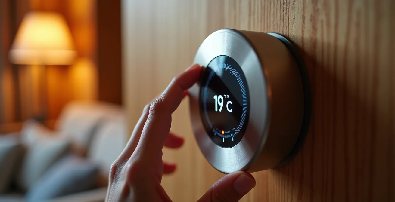 Gros plan sur un thermostat moderne affichant 19 degrés dans un intérieur chaleureux