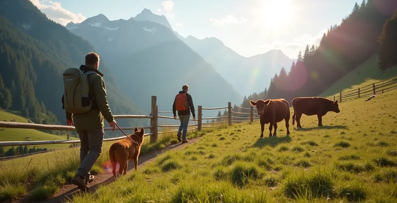 Randonneurs contournant prudemment un troupeau de vaches avec veaux dans un alpage suisse