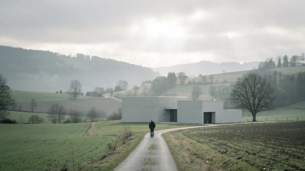 Une vallée jurassienne avec une usine discrète au premier plan et une personne seule sur un chemin, illustrant la vulnérabilité des emplois exportateurs face au franc fort.