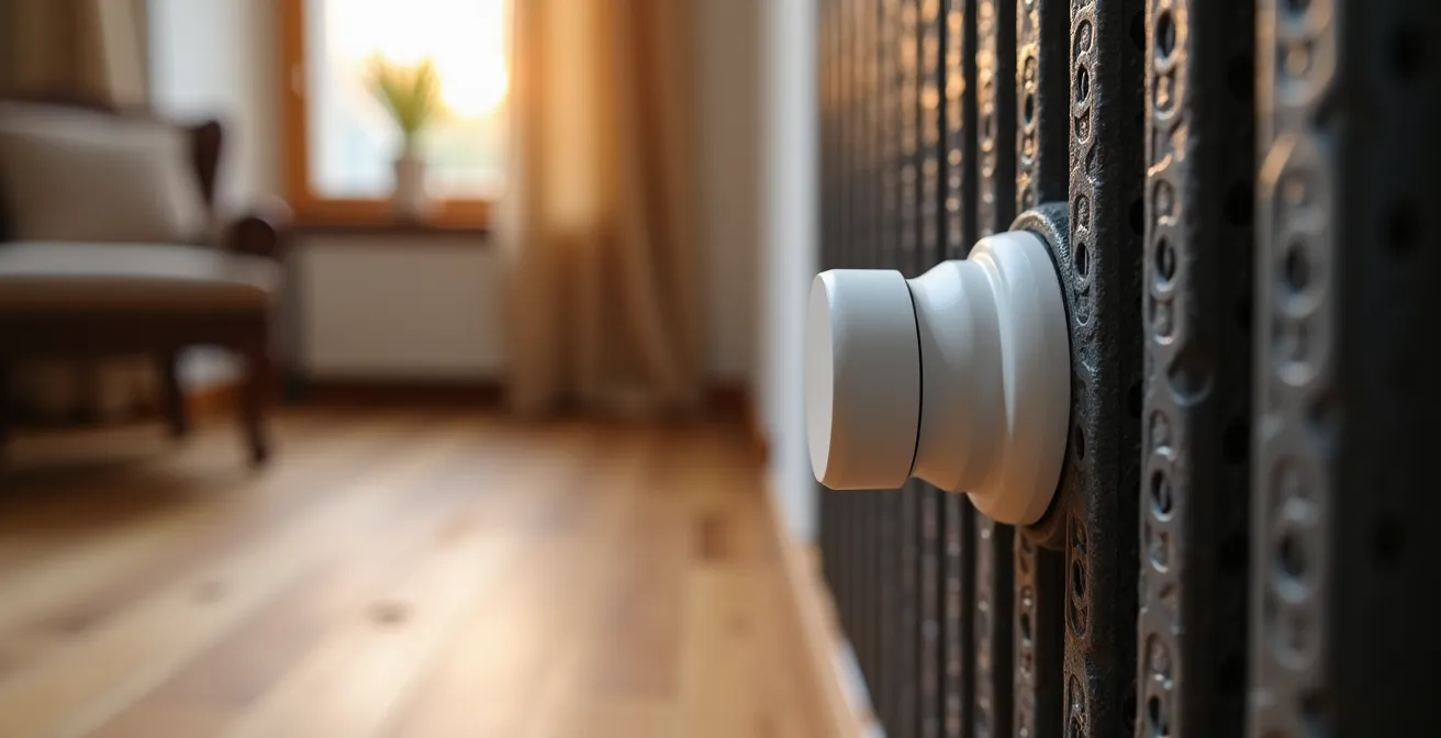 Gros plan sur une vanne thermostatique connectée moderne installée sur un radiateur traditionnel suisse