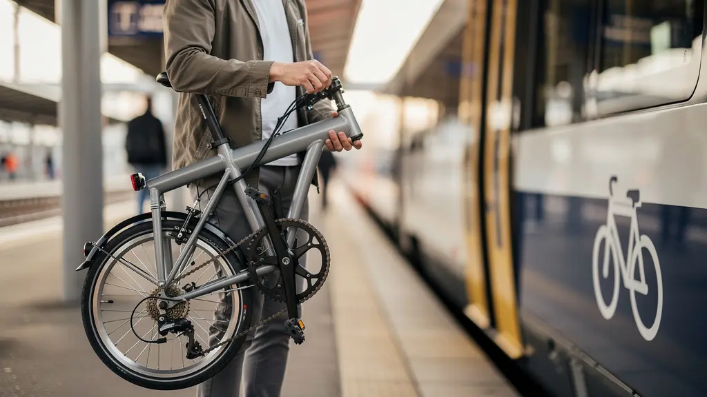 Personne pliant un vélo compact sur un quai de gare avec un train en arrière-plan