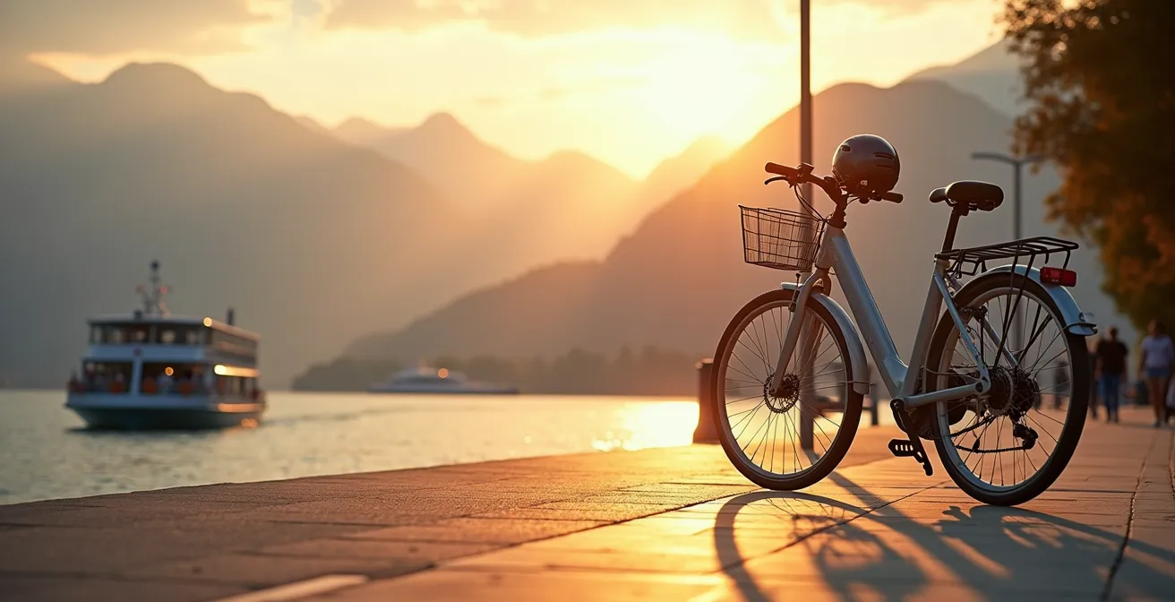 Vélo en libre-service sur les quais de Montreux avec vue sur le lac