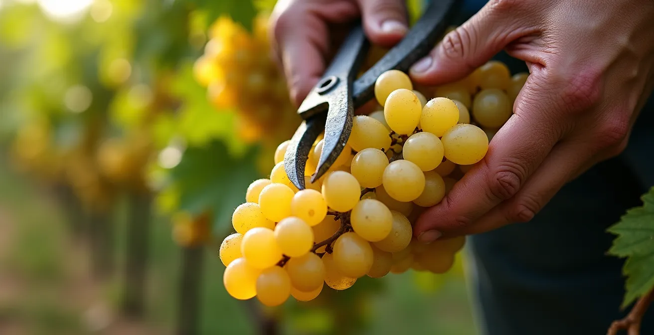 Vendangeurs récoltant des grappes dorées dans la brume matinale des vignobles suisses