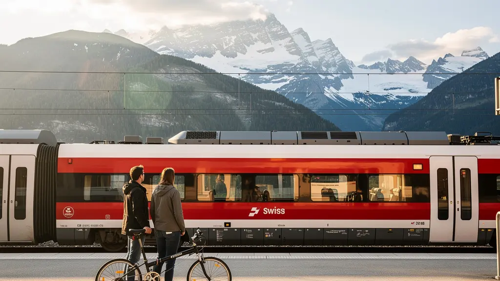 Couple avec vélos pliants devant un train suisse dans un paysage alpin