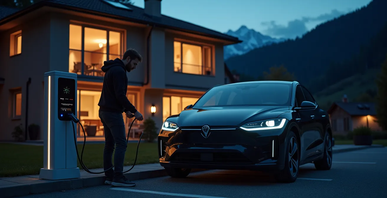 Voiture électrique en charge la nuit devant une maison suisse moderne
