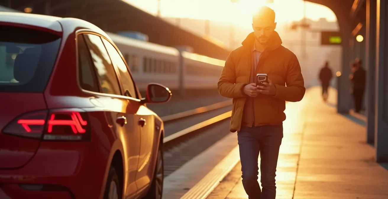 Voiture Mobility rouge stationnée près d'une gare avec voyageur utilisant son smartphone