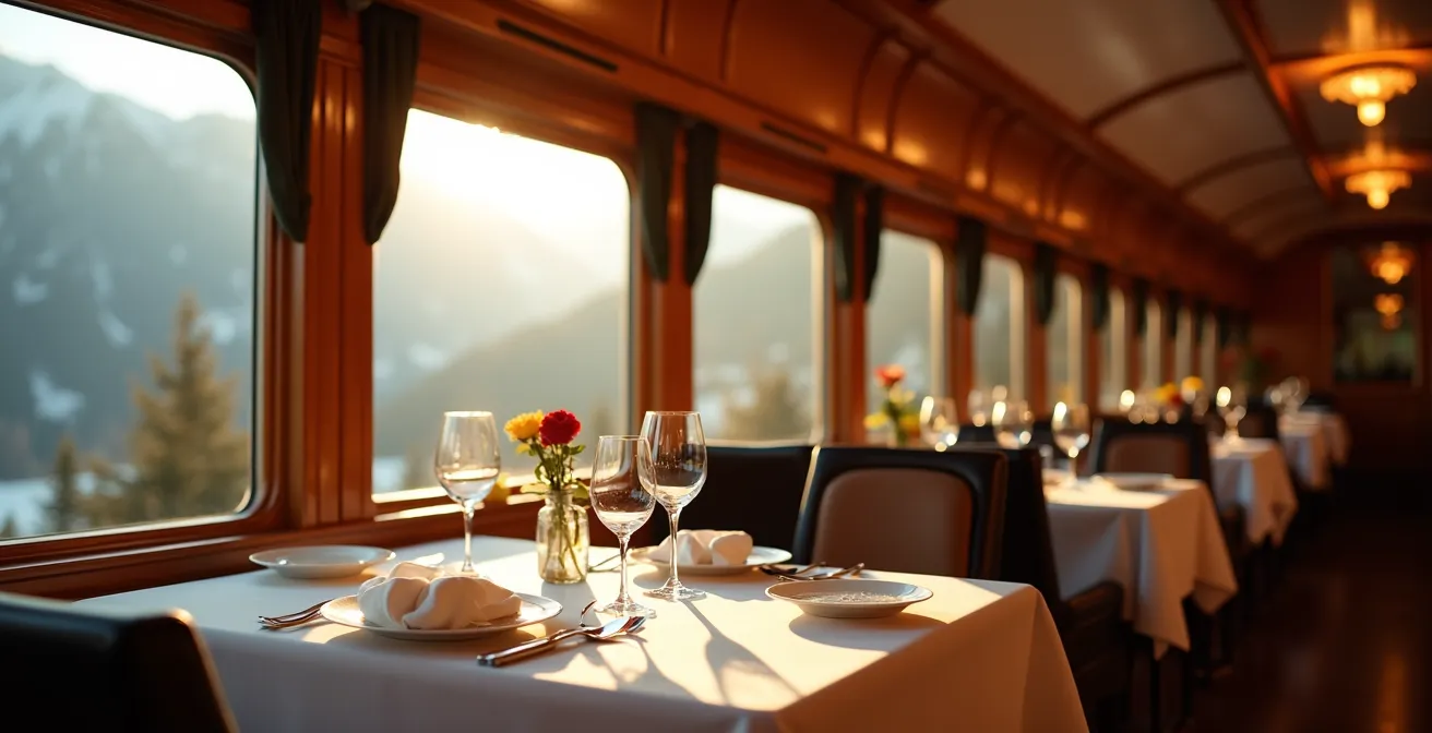 Intérieur chaleureux d'une voiture-restaurant Elvetino avec vue panoramique sur les Alpes suisses
