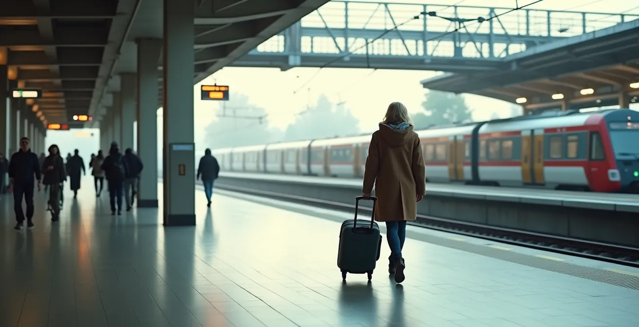 Voyageur détendu dans une gare suisse moderne sans bagages, système de transport de bagages en arrière-plan