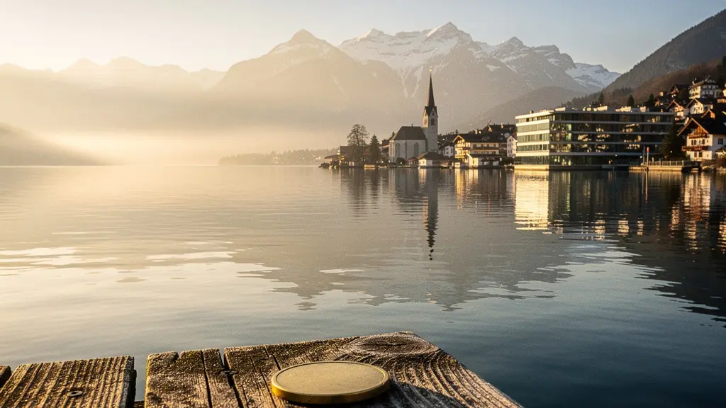 Vue panoramique du lac de Zoug avec reflets dorés symbolisant la convergence entre finance traditionnelle suisse et cryptomonnaies