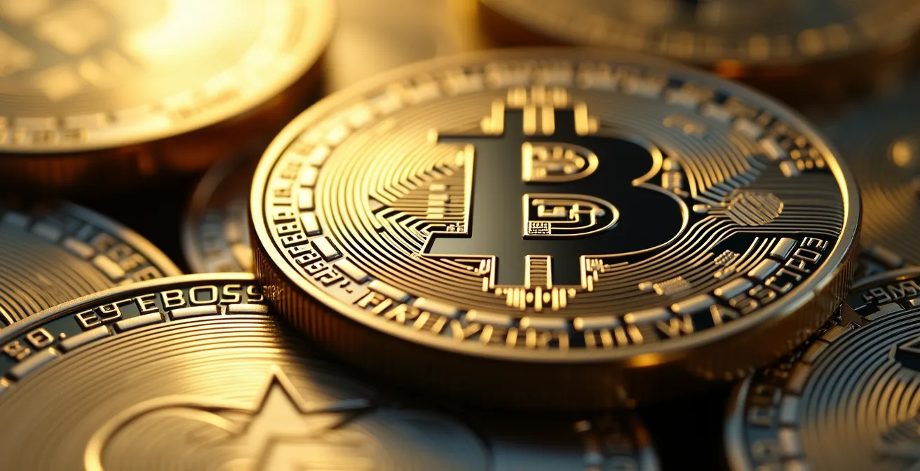 Vue macro de pièces physiques symbolisant les cryptomonnaies avec reflets métalliques